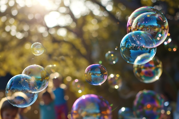 Bolle di sapone colorate che galleggiano con uno sfondo bokeh illuminato dal sole in un parco