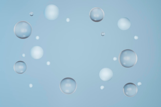 bolle di vetro che galleggiano su sfondo blu con spazio vuoto per il rendering del testo 3d