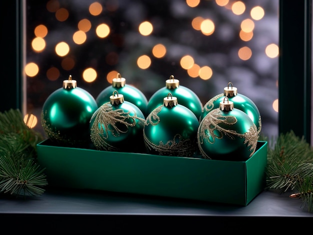 Bollicine di Natale verdi in una scatola su uno sfondo scuro