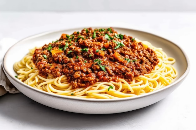 Bolognese di lenticchie vegane su piatto rotondo bianco su sfondo bianco IA generativa