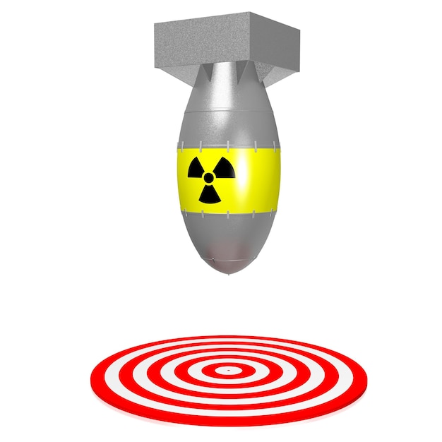 Bomba atomica con segno di radioattività che colpisce il bersaglio