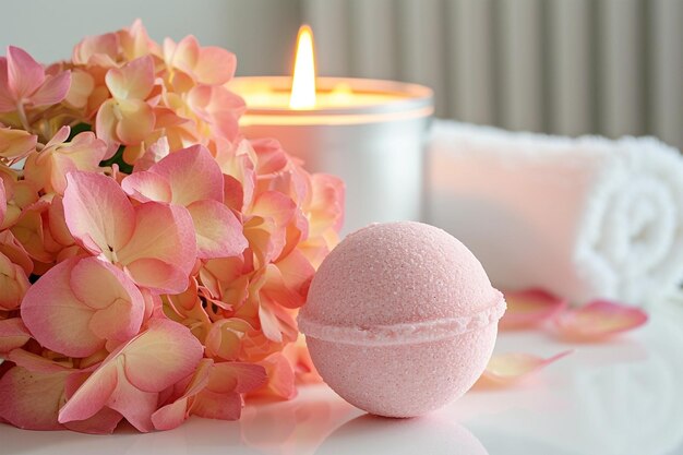 Bombole da bagno rosa arancione con hortensia su tavolo bianco con candela accesa