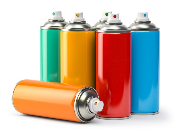 Bombolette di vernice spray graffity colorate o bottiglie di aerosol isolate su bianco