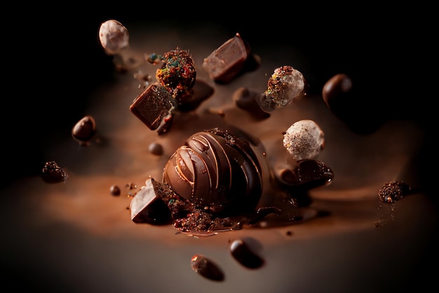 Bonbon nel mezzo di una massiccia esplosione di cioccolato fondente, particelle e schizzi, sfondo dar