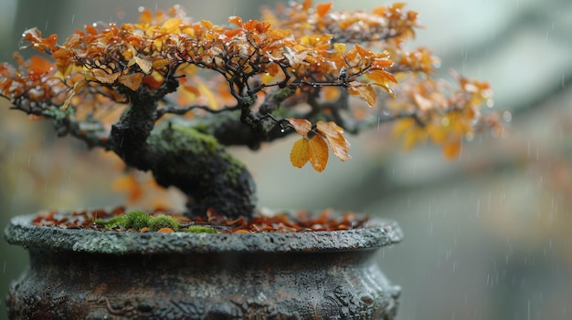 Bonsai in miniatura sotto la pioggia