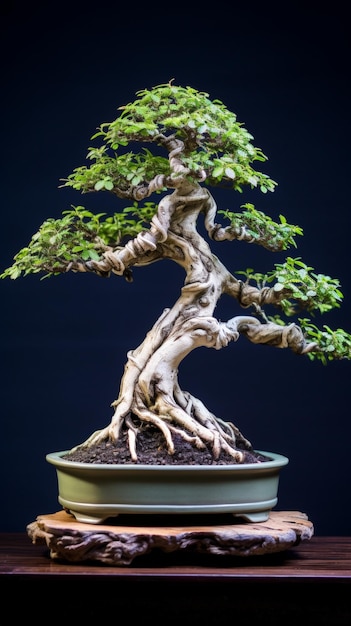 Bonsai verde rigoglioso con il tronco contorto