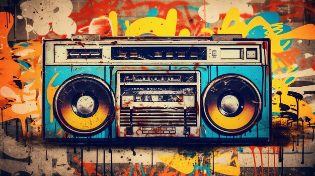 Boombox retro degli anni '80 in una stanza ricoperta di graffiti