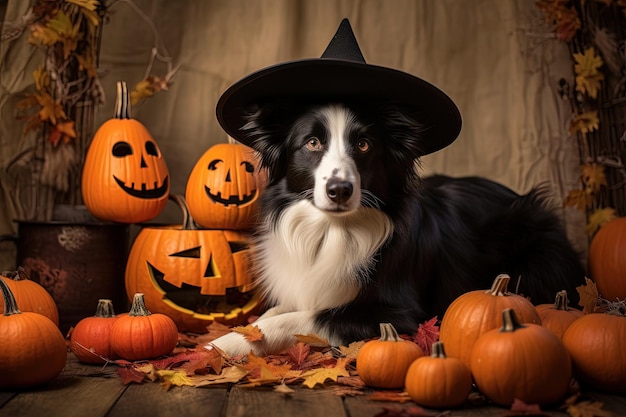 Border collie con cappello da strega su decorazioni di Halloween in mezzo a foglie d'arancia accanto a un gatto nero