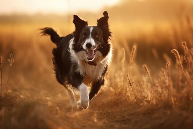 Border collie in esecuzione nel campo al tramonto Il border collie è una razza di cane della famiglia Felidae Ai generato