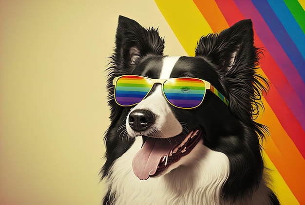 Border Collie indossa occhiali da sole e una bandiera arcobaleno su uno sfondo giallo