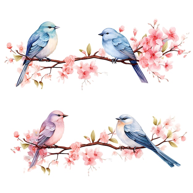Borderlines of Delicate Cherry Blossom Branch With Graceful Birds Soft Pink Flat 2D Art Digital