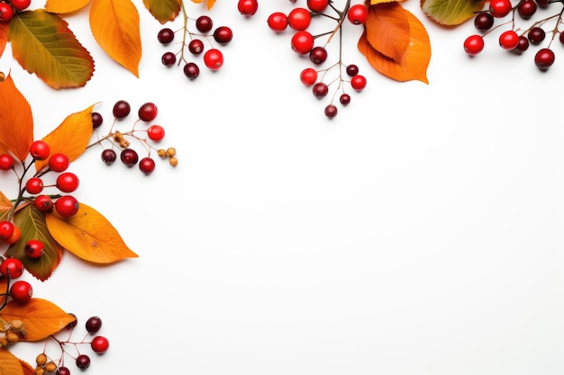 Bordo cornice autunnale di foglie e bacche su sfondo bianco