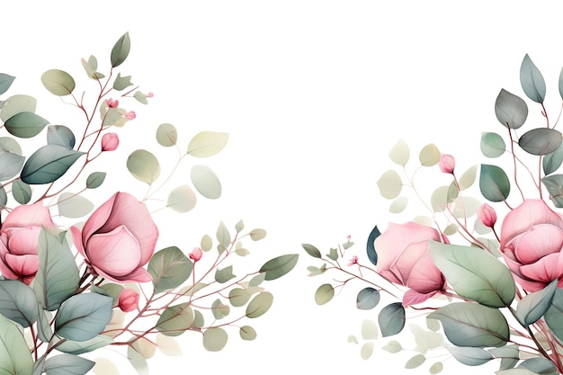 Bordo cornice floreale dell'acquerello con foglie e rose