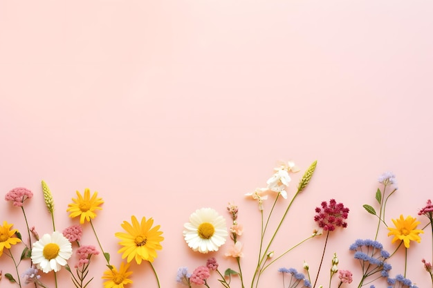 bordo del modello di fiori selvatici su sfondo pastello piatto disteso con spazio di copia