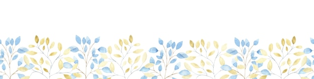 Bordo dell'acquerello con rami foglia oro e blu