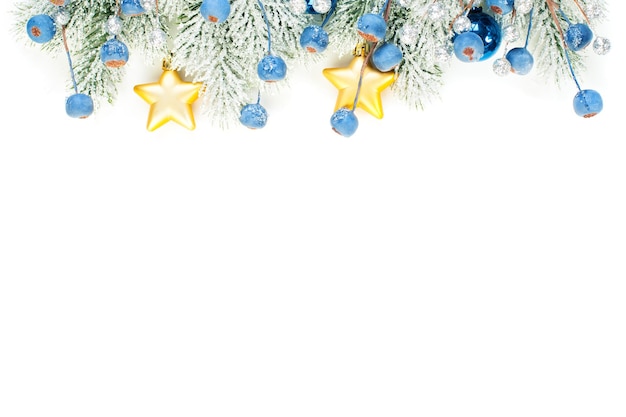 Bordo di composizione di Natale con bacche congelate blu stelle ghirlanda d'oro e ramo di albero di Natale isolato su sfondo bianco Decorazioni natalizie colorate