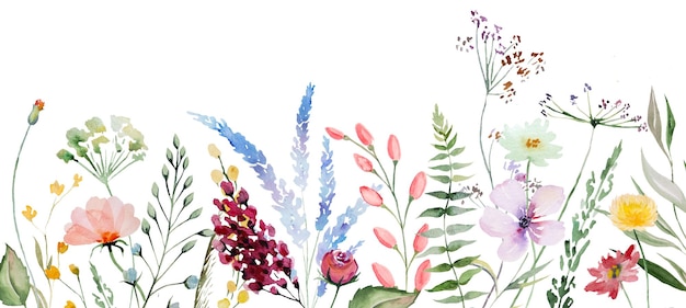 Bordo fatto di fiori selvatici dell'acquerello e foglie matrimonio estivo e illustrazione di saluto