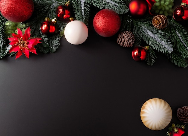 Bordo natalizio organizzato con rami di abete fresco e bacche rosse su sfondo di carta nera