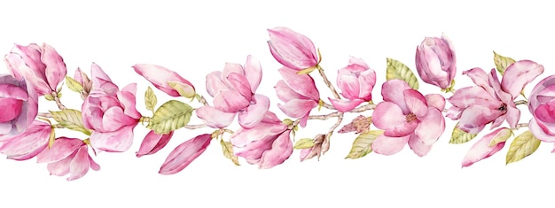 Bordo orizzontale senza giunte dell'illustrazione dell'acquerello con l'intestazione dei fiori della magnolia dei fiori rosa