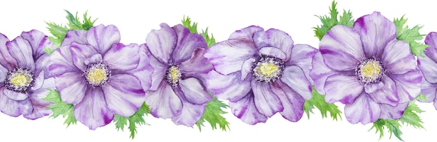 Bordo senza cuciture dell'acquerello disegnato a mano di anemoni viola con foglie verdi Composizione primaverile per biglietti d'auguri per inviti di nozze