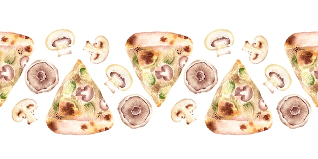 Bordo senza giunte dell'acquerello con vari tipi di pizza fresca. Gli ingredienti in dettaglio