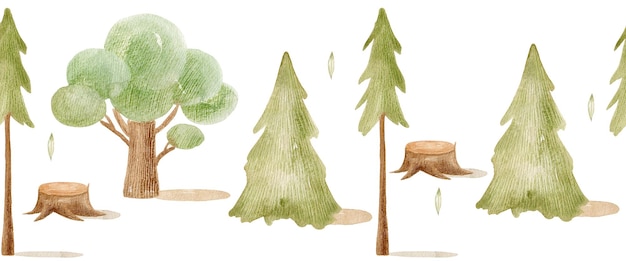 Bordo senza giunte della foresta dell'acquerello con illustrazione disegnata a mano degli alberi per la carta da imballaggio del tessuto ecc