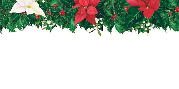 Bordo senza giunture con foglie di agrifoglio di Natale bacche poinsettia vischio Illustrazione ad acquerello per poster modello