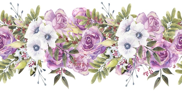 Bordo senza giunture con rose viola e anemoni Illustrazione ad acquerello disegnata a mano
