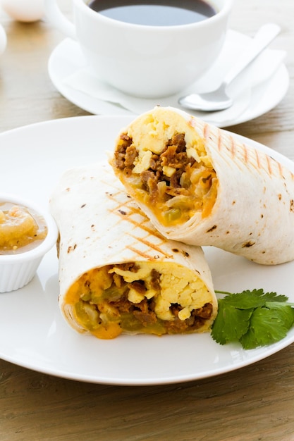 Borrito a colazione con tazza di caffè.