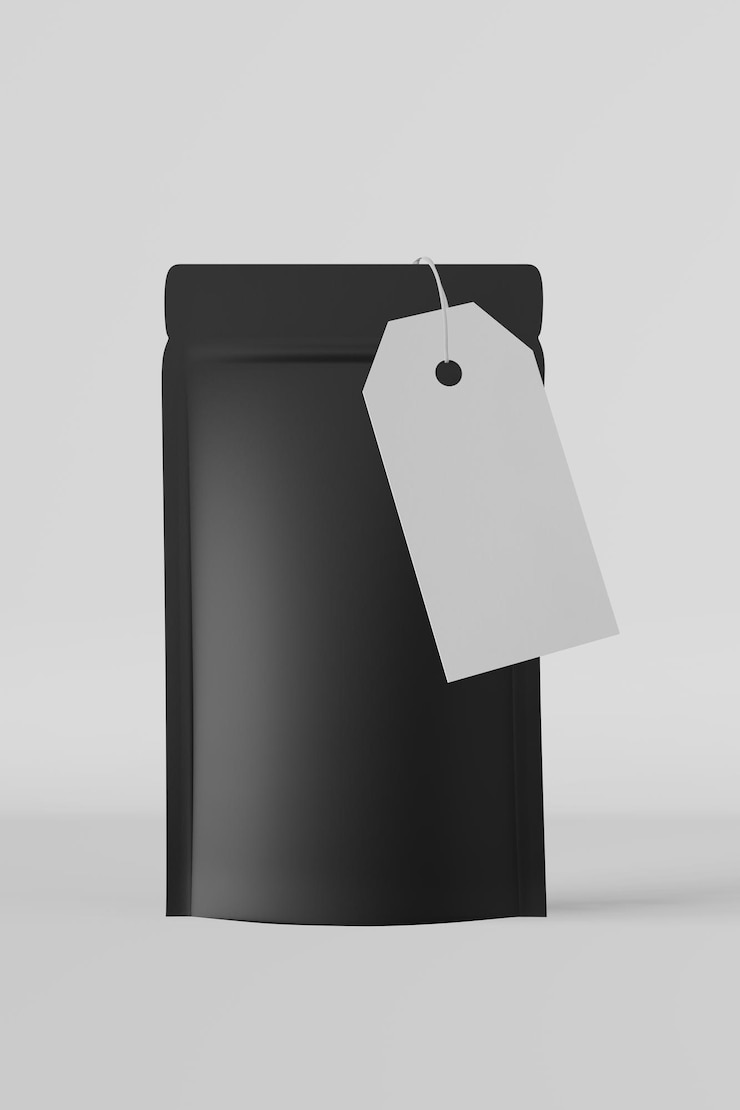 Foto borsa a marsupio nera modello di branding cartellino del prezzo mockup sfondo bianco rendering 3d progettazione di imballaggi per merci vendita in negozio