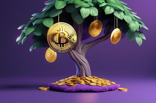 Borsa albero del denaro con bitcoin o criptovaluta su sfondo viola business profitto investimento