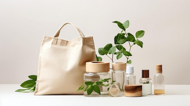 Borsa aperta riutilizzabile in cotone ecologico con diversi contenitori in legno naturale e vetro marroneFoglie fresche naturali intorno Concetto di cosmetici organicizero rifiuti Borsa donna con accessori