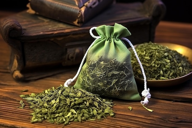 Borsa con amuleto della strega verde con erbe secche