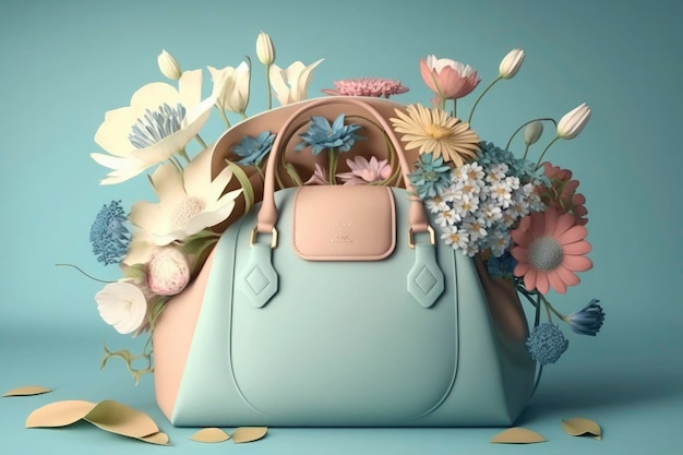 Borsa con fiori primaverili ed estivi colore pastello creativo stile di vita positivo cura di sé e concetto di viaggio