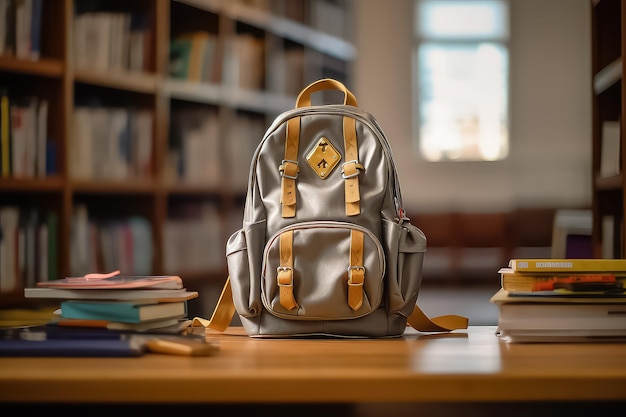 Borsa con materiale scolastico su un tavolo di legno vicino a uno scaffale con libri AI