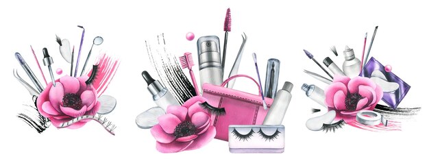 Borsa cosmetica rosa con strumenti per estensioni ciglia artificiali pennelli prodotti per ciglia finte in bottiglie Illustrazione ad acquerello disegnata a mano Set di composizioni su sfondo bianco
