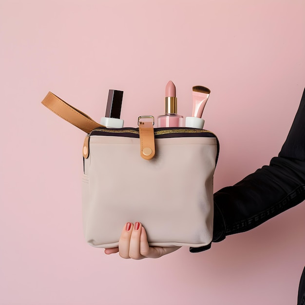 borsa da bagno a mano con trucco e pennelli