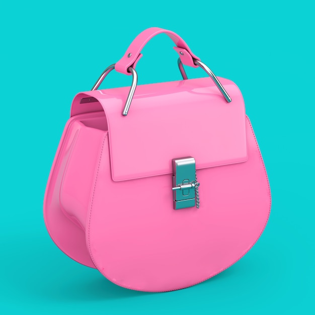 Borsa da donna rosa di lusso in stile bicolore su sfondo blu. Rendering 3D