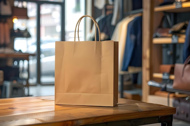 Borsa da spesa in carta in legno sul tavolo nel negozio di abbigliamento ecologica e riciclabile con spazio per il testo Concetto Shopping ecologico sostenibile Moda Borsa di carta Retail Retail Clothing Store