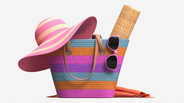 Borsa da spiaggia a righe colorate con cappello di paglia modello 3D