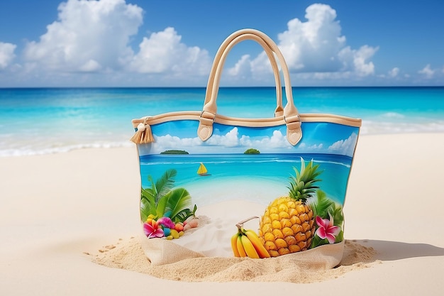 Borsa da spiaggia con isola tropicale all'interno sulla sabbia Sottofondo di viaggio insolito