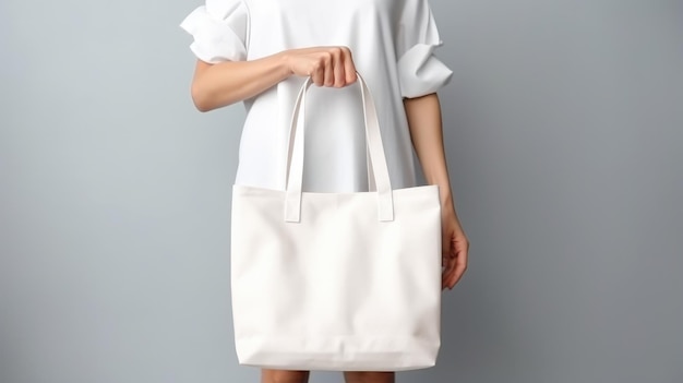 Borsa da tenuta Ragazza che tiene una borsa tote in tela bianca per un modello ecologico con modello vuoto su grigio