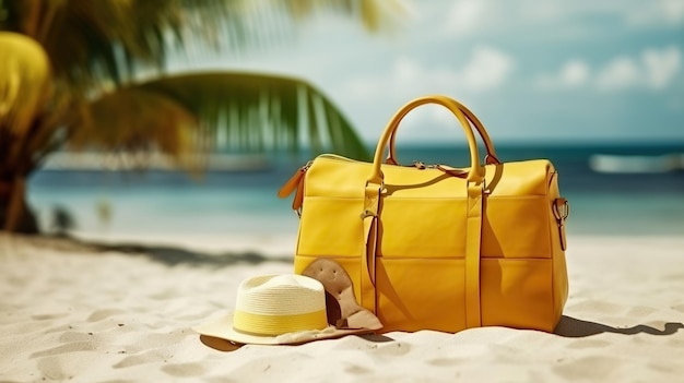 Borsa da viaggio gialla con cappello e occhiali da sole sulla spiaggia tropicale Concetto di vacanza estiva AI generativa