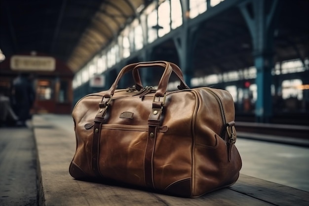 Borsa da viaggio in pelle bagaglio alla stazione ferroviaria con sfondo sfocato ai generato