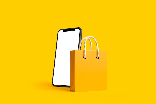 Borsa della spesa con schermo vuoto dello smartphone su sfondo giallo Rendering 3D dello shopping online