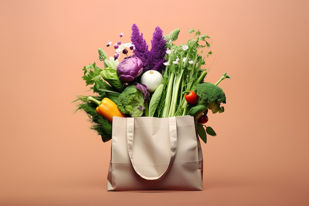 borsa della spesa con verdure e erbe in mano nel negozio di alimentari