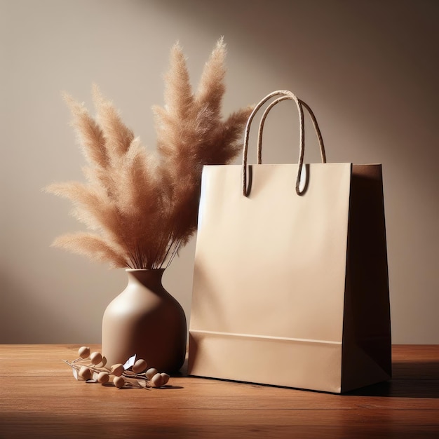 borsa della spesa marrone su tavolo di legno minimalista
