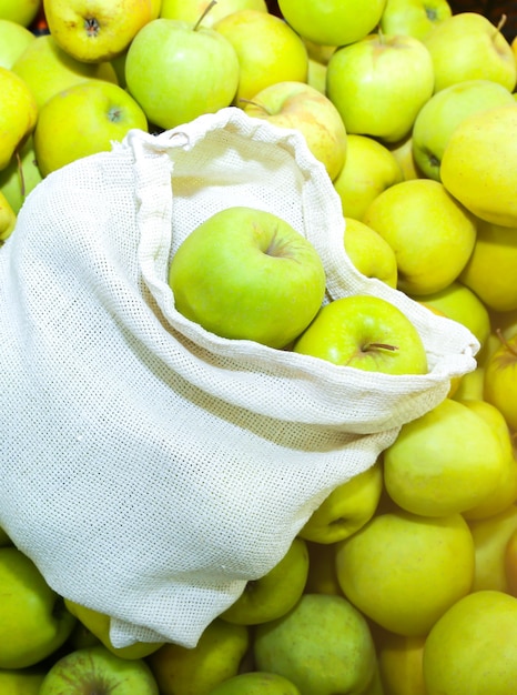 Borsa della spesa riutilizzabile con frutta. Zero sprechi. Confezioni ecologiche e rispettose dell'ambiente. Tessuti in tela e lino. Salva il concetto di natura. Nessuna plastica monouso nei supermercati.