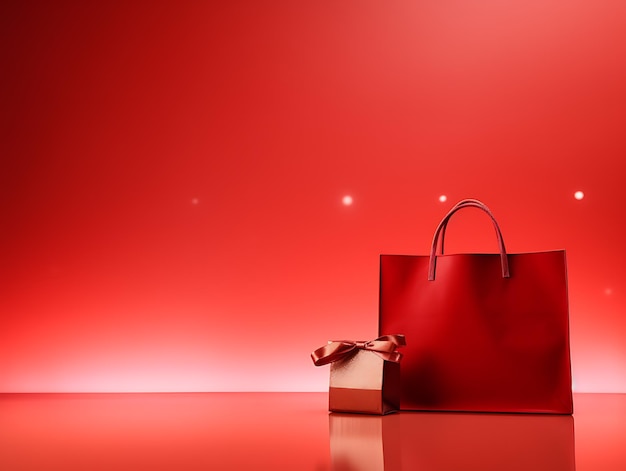 Borsa della spesa rossa e confezione regalo su sfondo rosso Concetto di banner di vendita di Capodanno