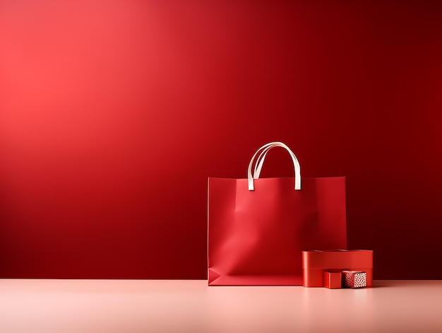 Borsa della spesa rossa e confezione regalo su sfondo rosso Concetto di banner di vendita di Capodanno